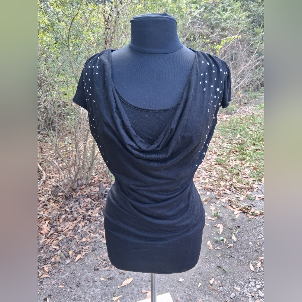 Hybrid black cowl neckline rhinestone blouse